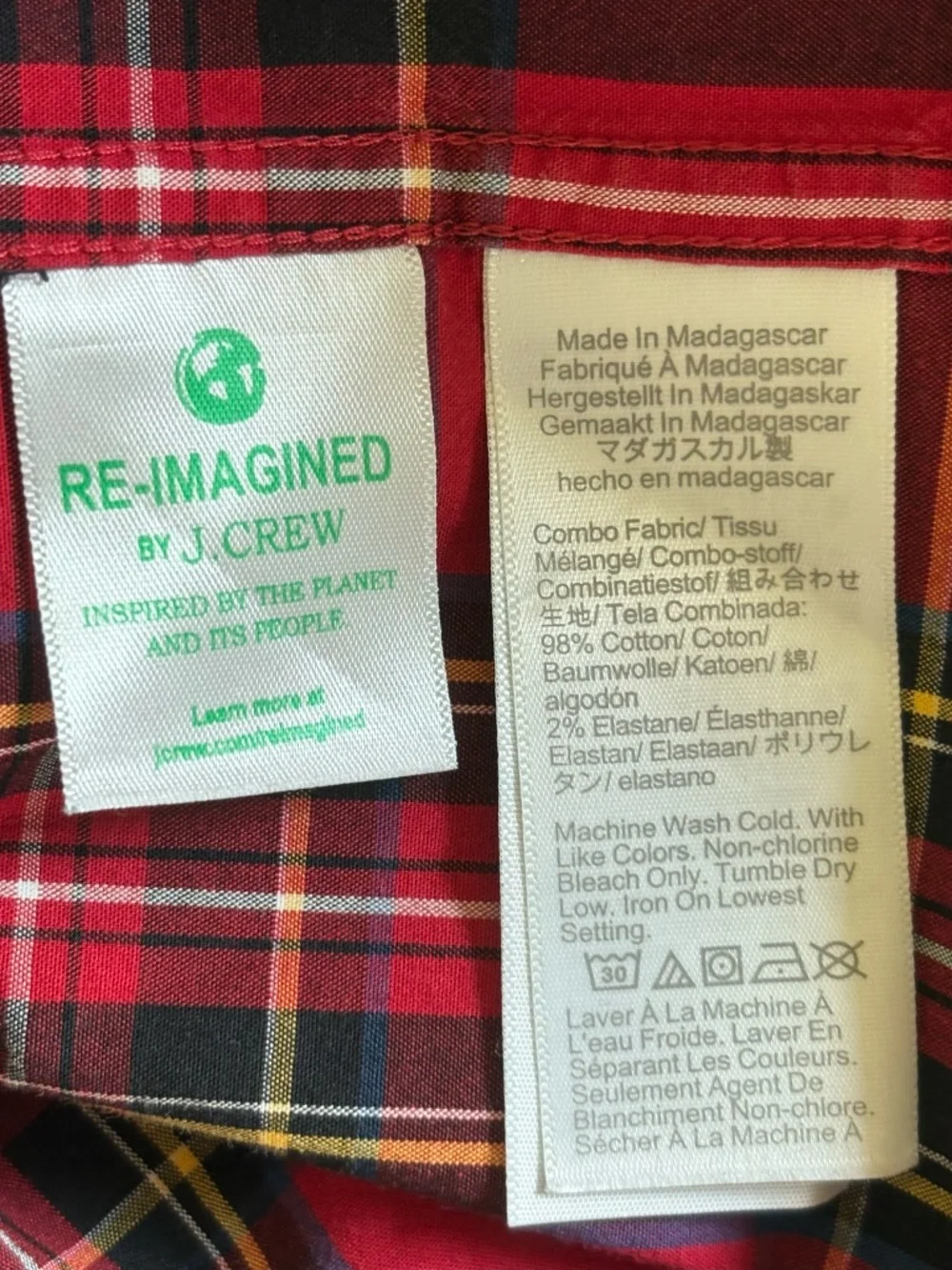 J Crew Mens XL Flex Washed Slim Button Down Shirt Plaid Red Tartan Long Sleeve